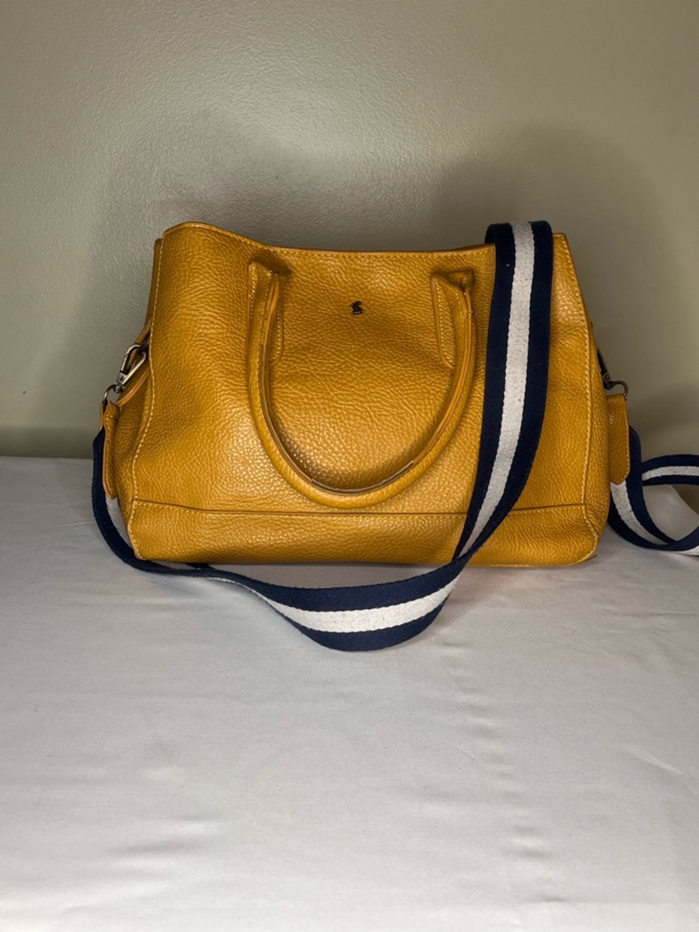 Yellow Leather Tote Bag with Navy Stripe Strap